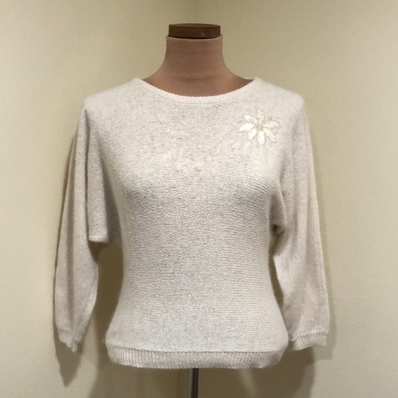 Vintage Pronto Moda Sweater Size Small Cream Sequin Beaded Dolman Sleeve - Picture 2 of 12